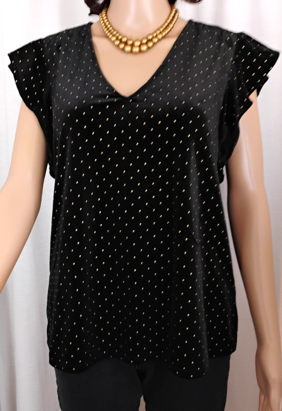 CeCe Black Velvet Blouse V Neck Flutter Sleeve Studded Dot Evening Minimalist